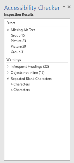 a screen shot of the accessibility checker in Microsoft Office showing errors and warnings