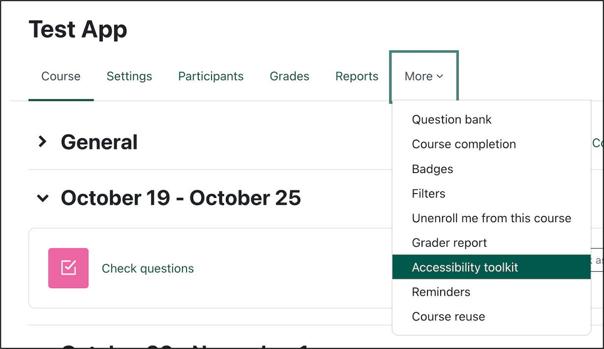 The accessibility checked link in the more menu