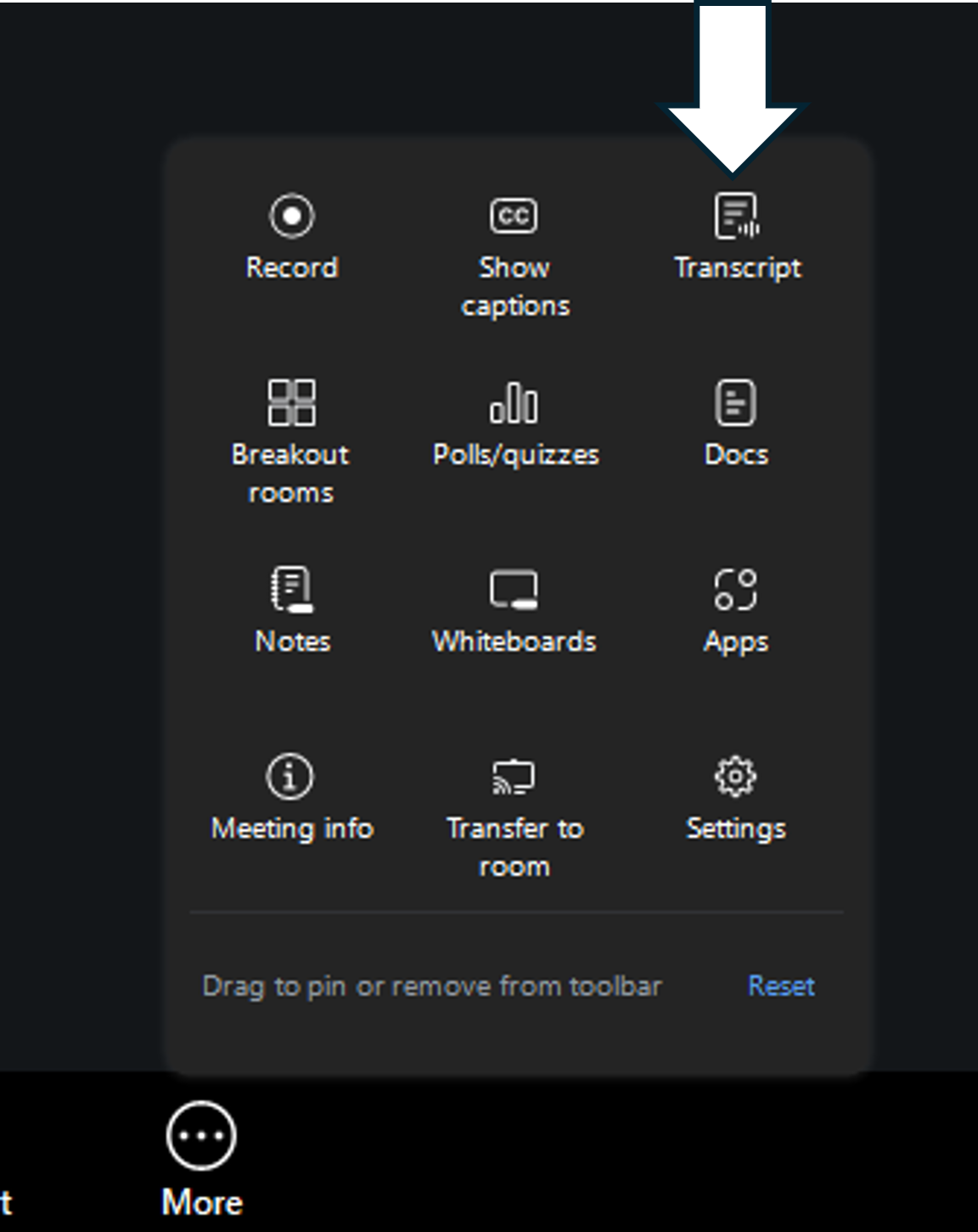 The More menu in Zoom with transcript highlighted