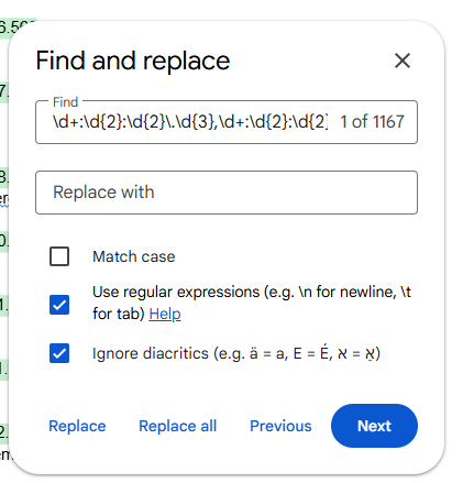 the find and replace window properly configured 
