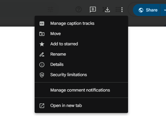 the options menu displaying the manage captions tracks option