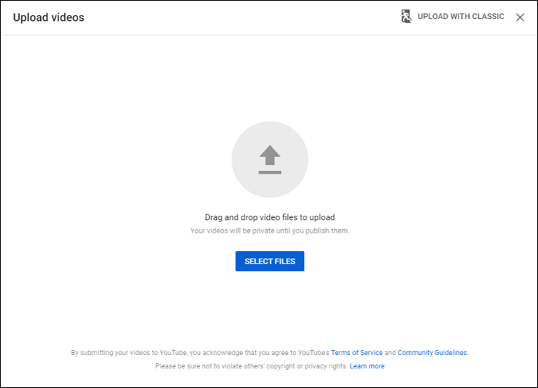screenshot pf upload video box