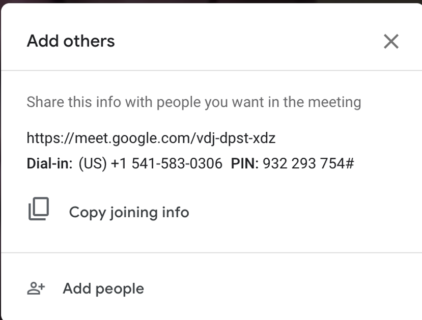 Screen showing telephone number to dial in to a Google meet.
