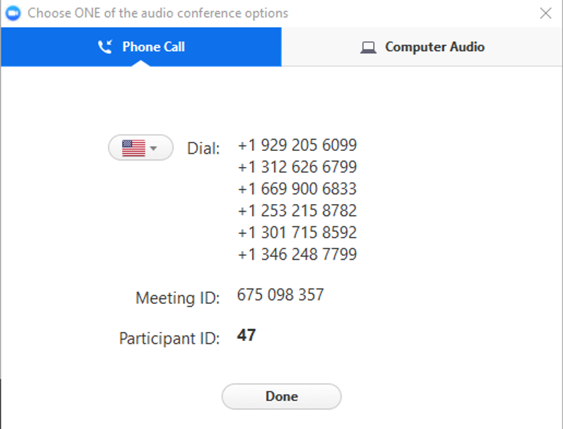 Screenshot of Zoom phone numbers.