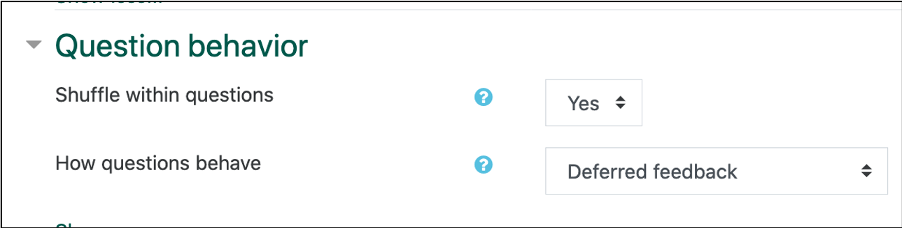 screenshot of question behavior settings