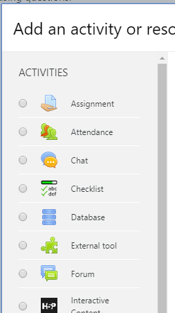 screen shot of "Add activities or resources" dialog box
