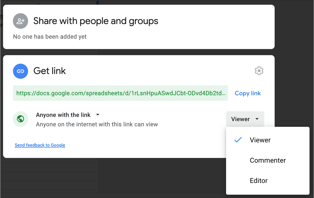 screenshot of the link sharing box