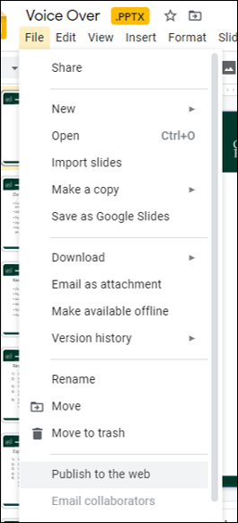 screenshot of publish to the web option.