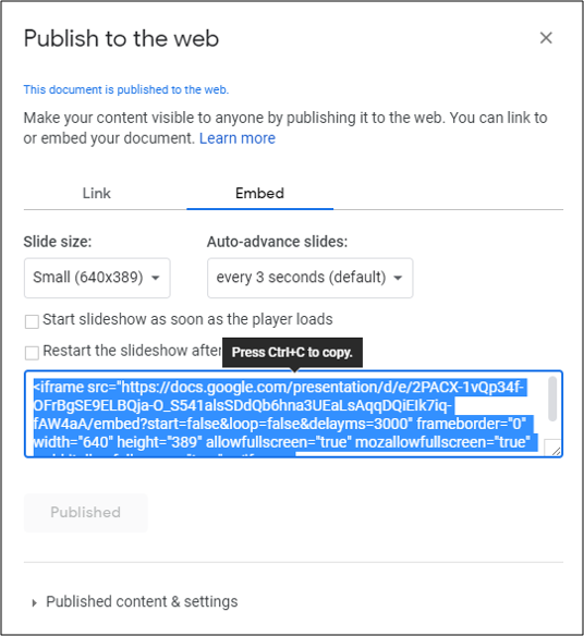 screenshot of publish to the web settings