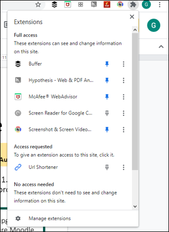 screen shot of the extensions menu with the Url shortenter installed