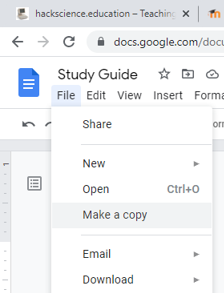 screenshot of make a copy under the file menu