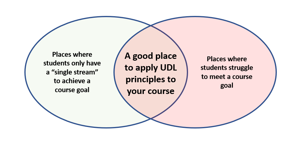 Venn Diagram: Left: Places where students only have single stream, Right: Places where students struggle; middle: apply UDL 