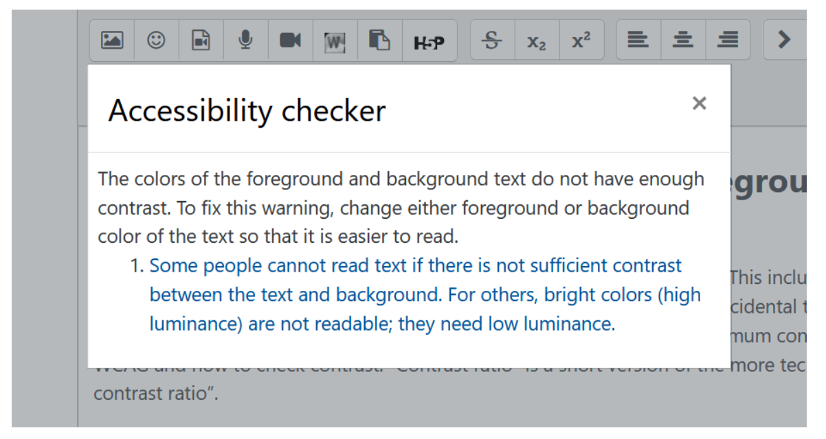 Pop-up accessibility checker results highlighting a lack of constrast between one sentence in the label and the background