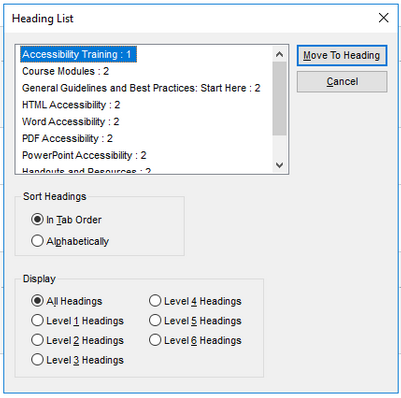 Heading List example in JAWS screen reader, with headings correctly named and ordered hierarchically