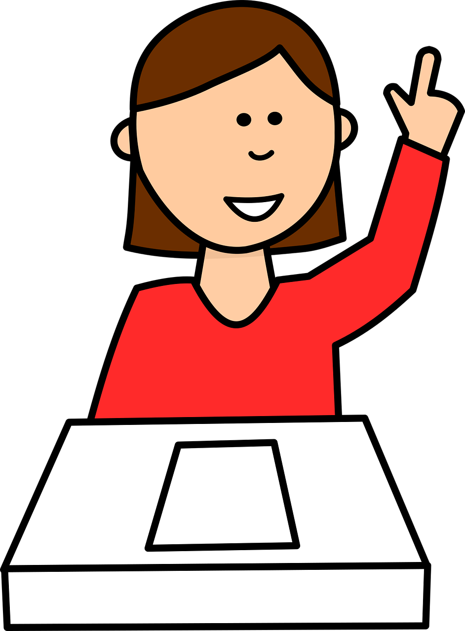 female cartoon character with hand raised at desk