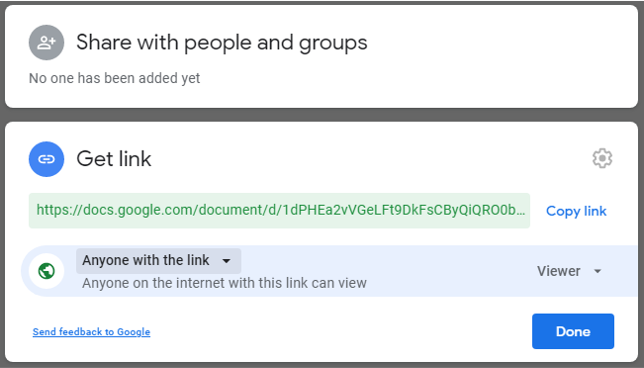 Screenshot of the "Anyone with the link" has "viewer" permission dialogue box