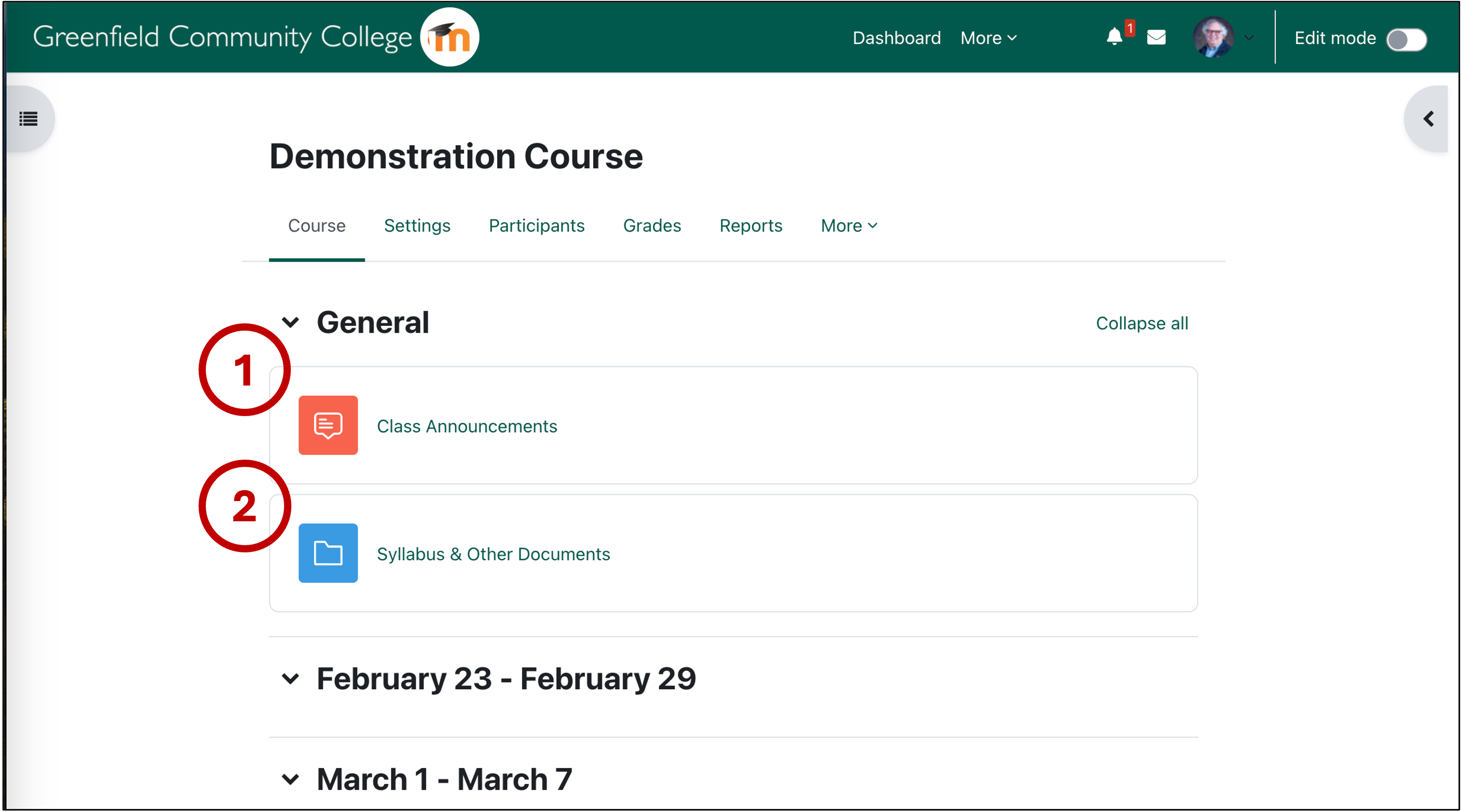 A Moodle classroom with the Course Announcements and Sullabus folder highlihgted.