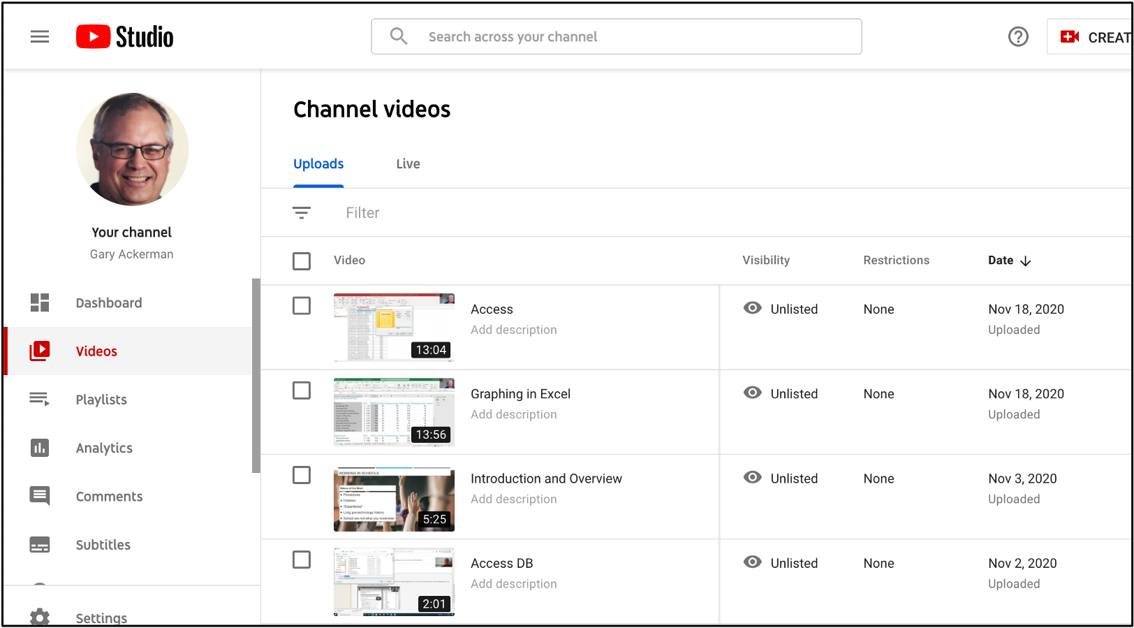 The studio.youtube.com interface