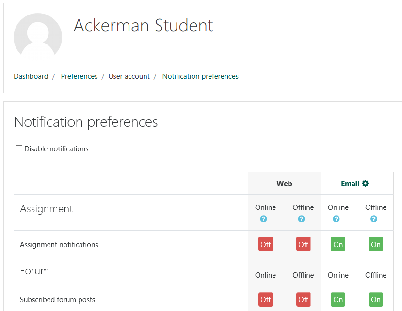 screen shot of notification preferences