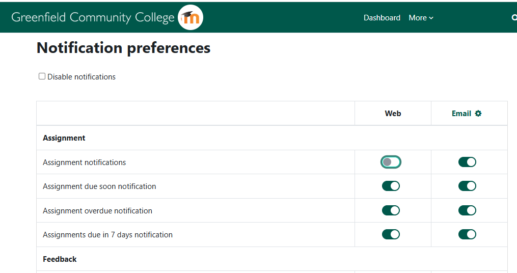 notification preferences window in Moodle