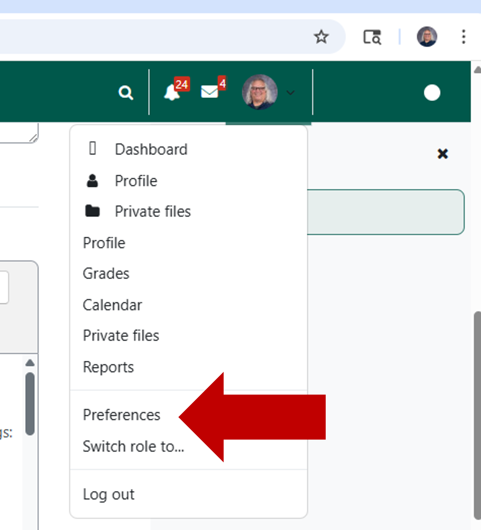 preferences in the avatar menu in Moodle