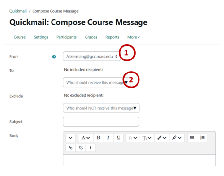 compose new course message box in Quickmail