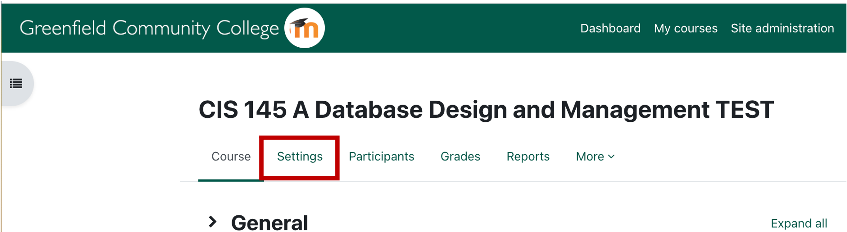 the setting tab highlighted on a Moodle classroom