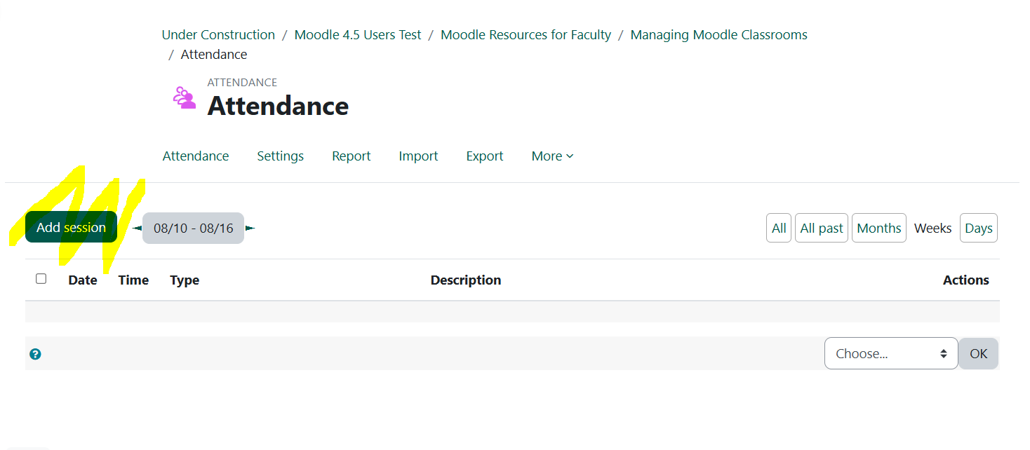 add session button in the attendance item