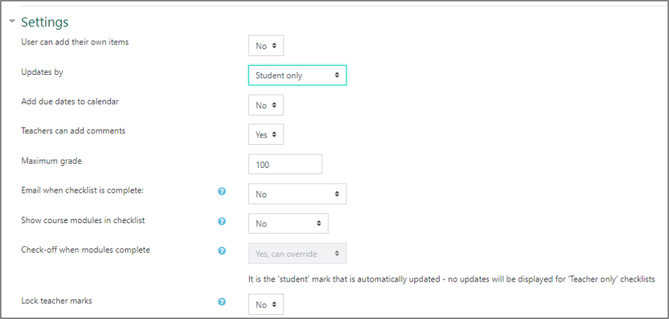 screenshot of checklist settings