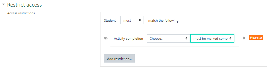 screenshot of restrict access based on activity completion dialogue box