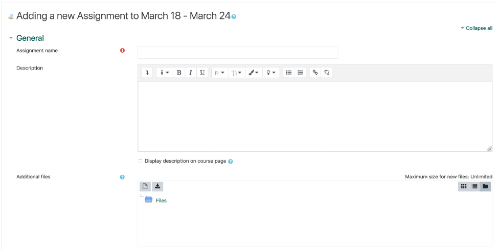 screenshot of assignment window showing name, description, and attachment fields