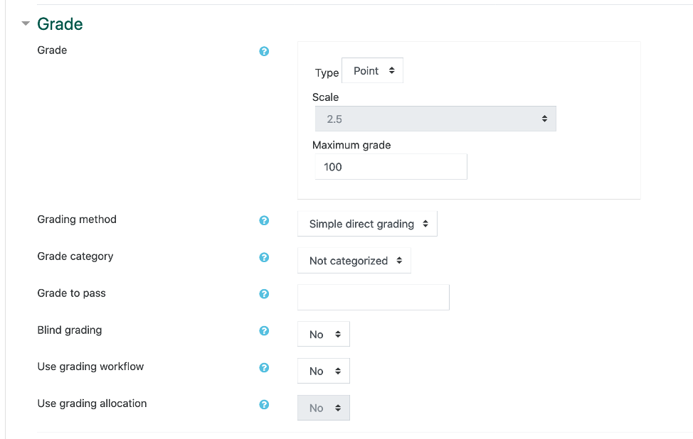 screenshot of grade options