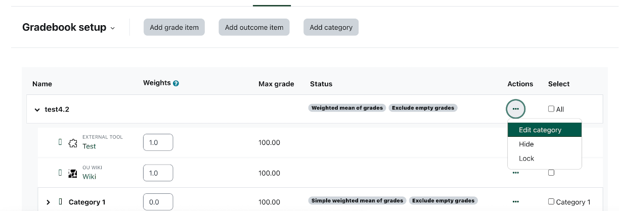 the edit category menu in gradebook setup