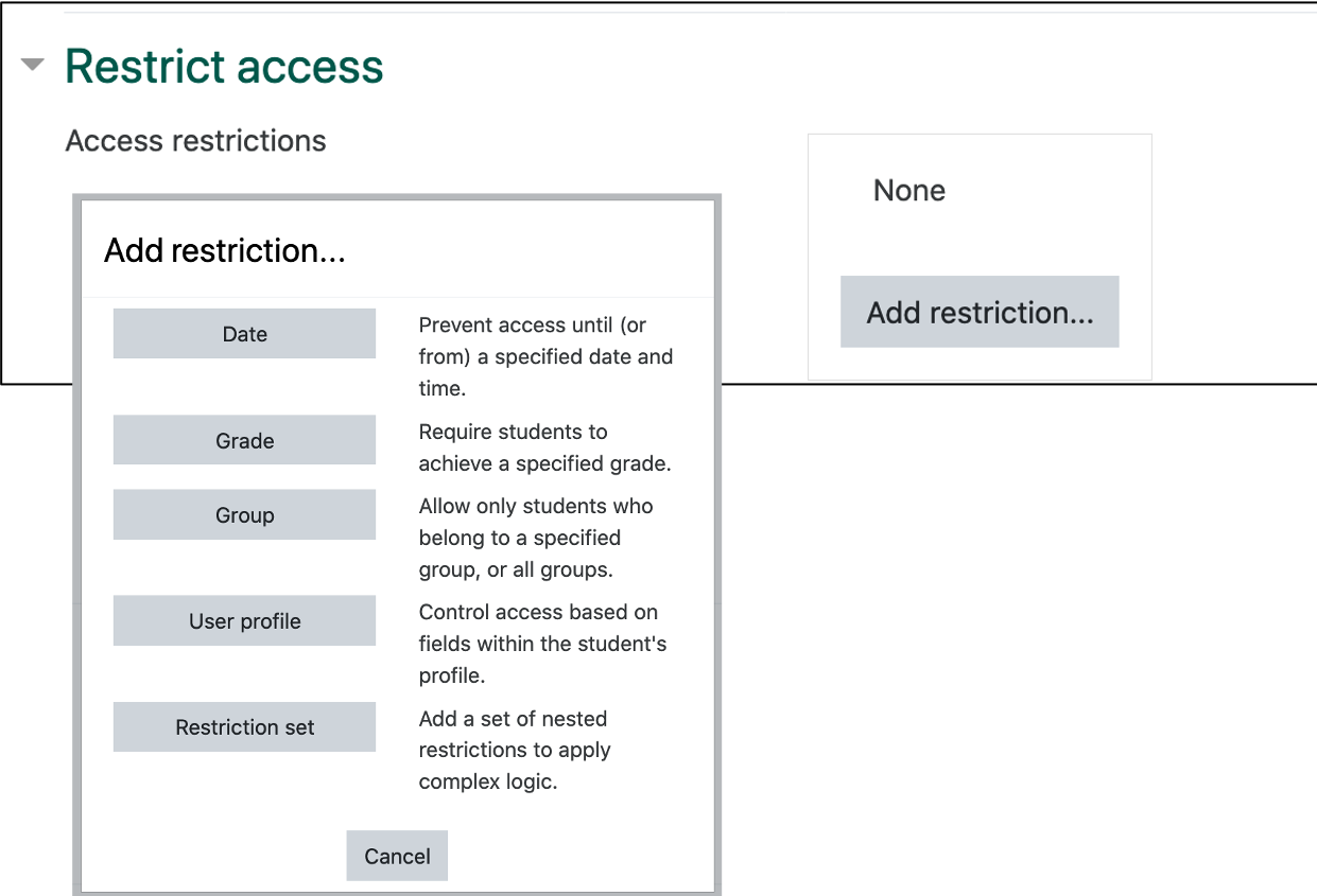 screenshot of restrict access options