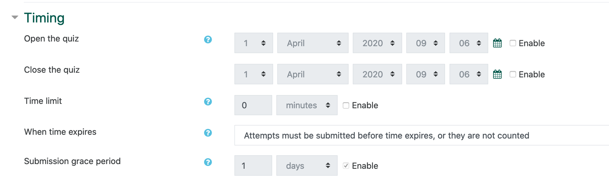 screenshot of timing settings