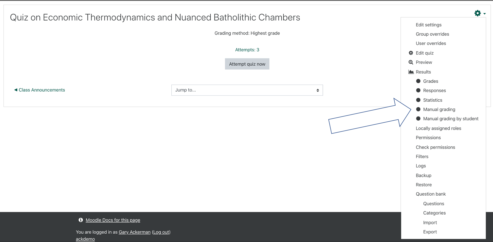 screenshot of manual grading menu choice