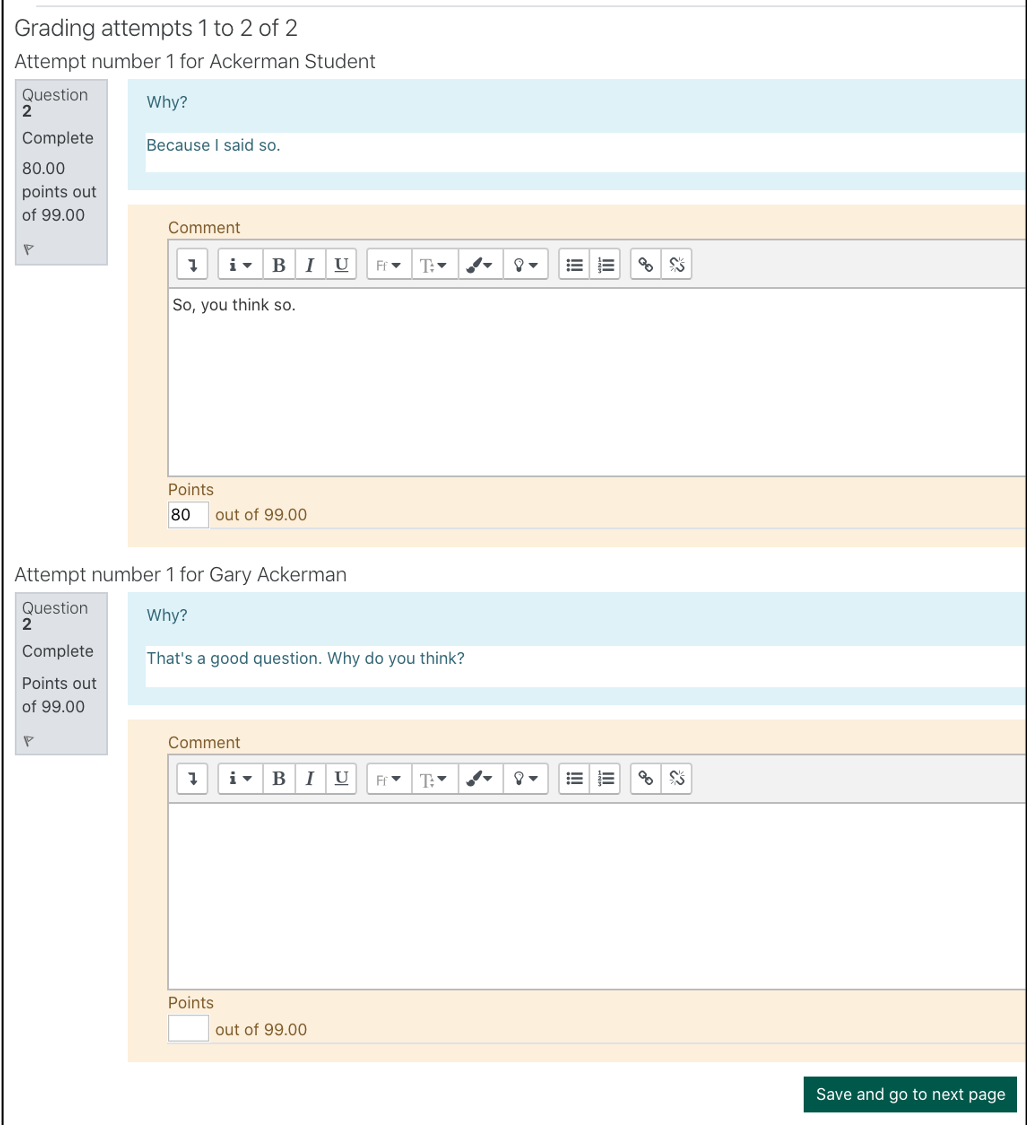 screenshot of questions to be graded