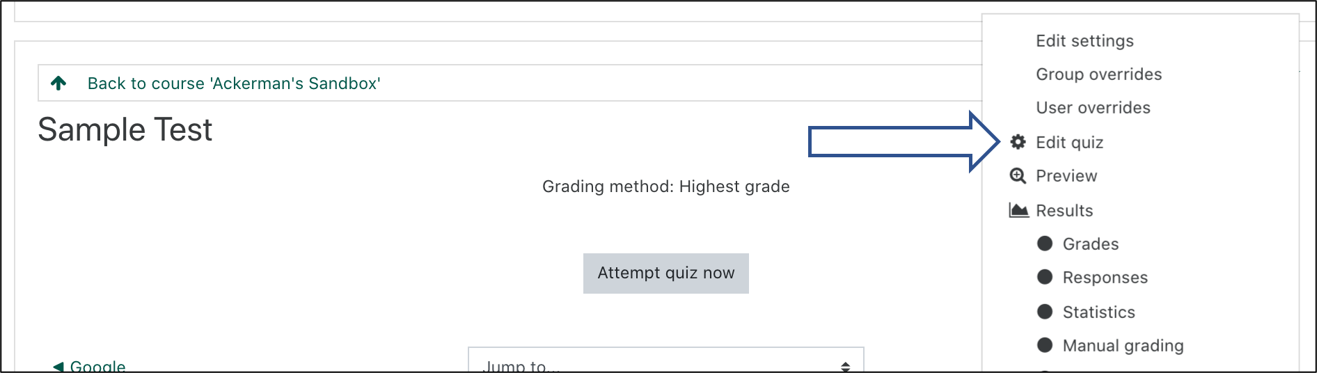 screenshot of edit quiz option