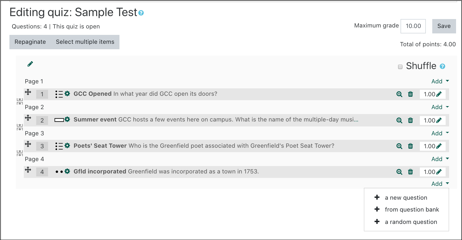 screenshot of edit quiz