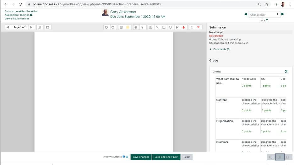screenshot of the rubric as seen when grading an assignment