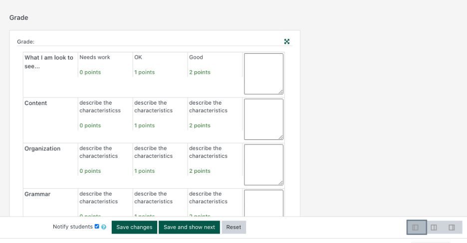 screenshot of the rubric in full screen mode