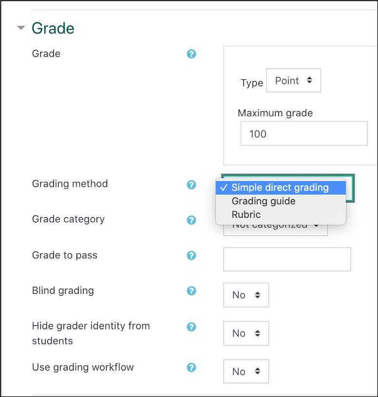 screenshot of the grading method drop down menu