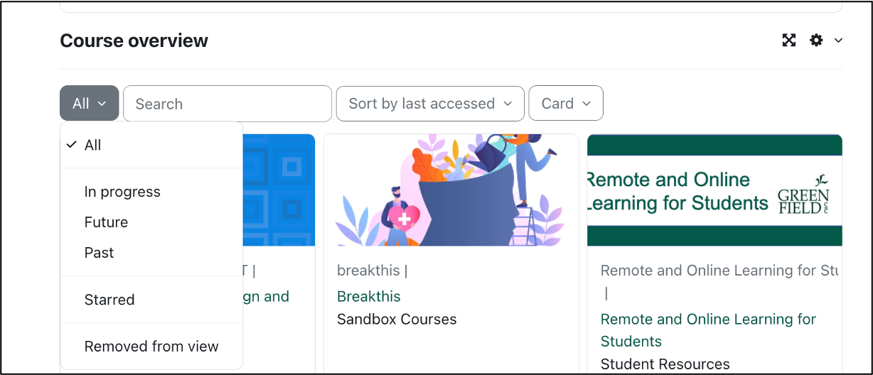the filter in the course overview block