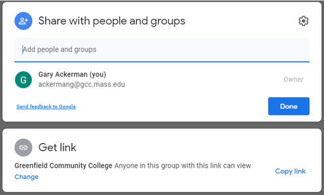 The Google share dialogue box showing the "Share with people and groups" section and the "get link" section