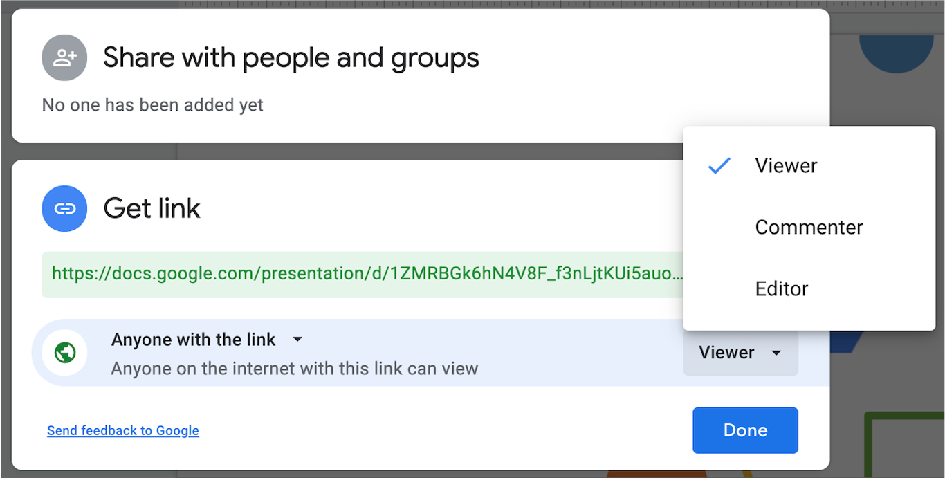 the sharing settings in Google Workspaces