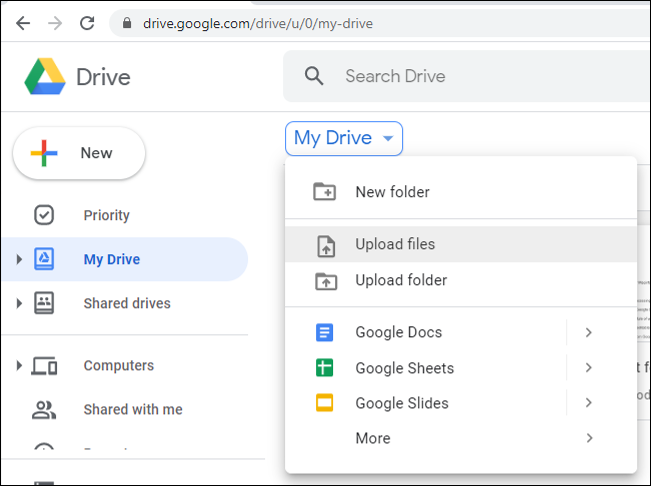 screenshot of upload files option