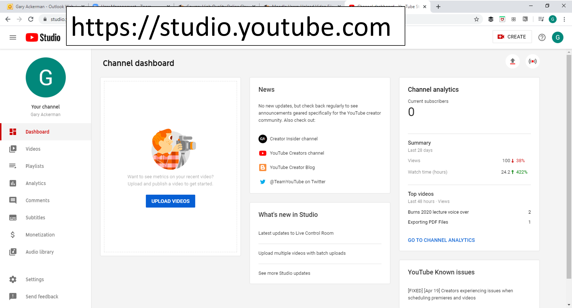 screenshot of studio.youtube.com dashboard