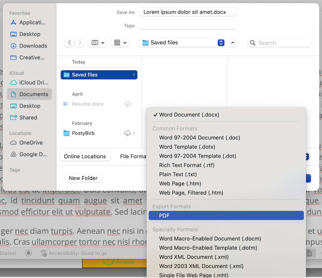 the save as dialogue box in Word