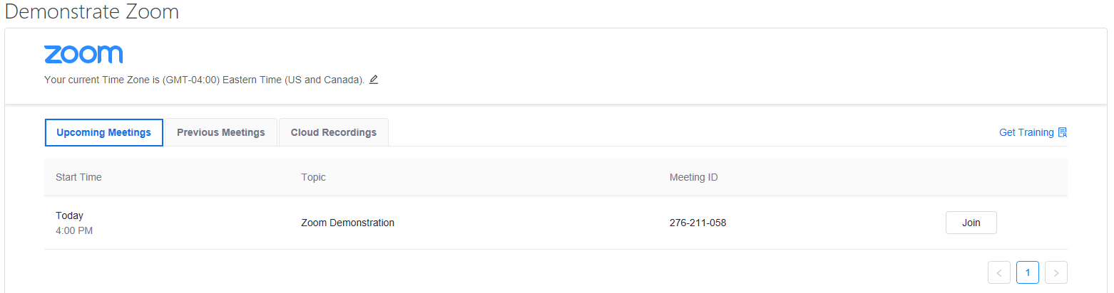 screen shot of Zoom meeting page in Moodle.