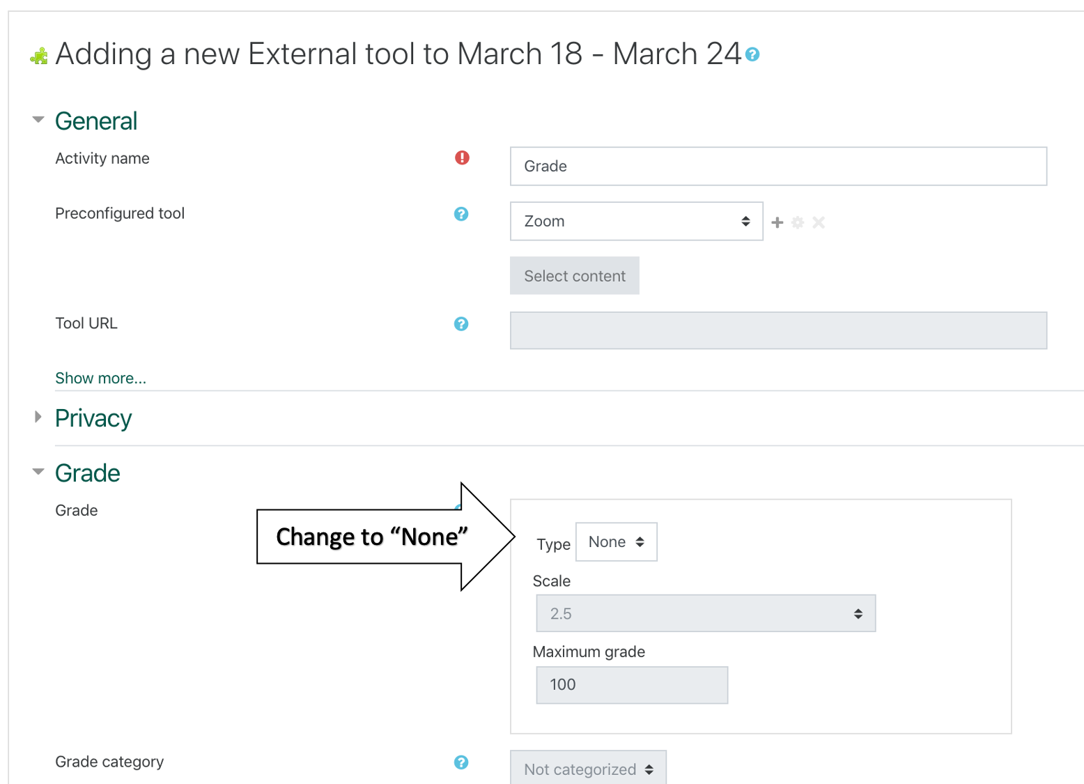 screenshot of grade options